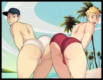 ass ass_focus baseball_cap blond_male blonde-haired_male bubble_butt dyed-hair facial_hair goatee iori_junpei junpei_iori looking_at_viewer looking_back looking_pleasured male/male male_ass male_only mooning p3 p5 persona_3 persona_5 presenting presenting_ass ryuji_sakamoto sakamoto_ryuji smiling_at_viewer underwear yuunsfw