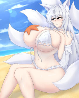 animal_ear_fluff animal_ears areola_slip arm_support azur_lane bangs bare_shoulders beach bikini blue_bikini blue_eyes blue_sky blunt_bangs blurry blush breasts cameltoe choker cleavage closed_mouth cloud cloudy_sky collarbone covered_nipples curvy day detached_sleeves eyebrows_visible_through_hair feet_out_of_frame female fox_ears fox_girl fox_tail frills gloves grey_hair groin hair_between_eyes hair_ornament halterneck heart highleg holding huge_breasts innertube japanese_clothes jewelry kitsune large_breasts lips long_hair long_sleeves looking_at_viewer lying micro_bikini multi_tail navel ocean off_shoulder open_mouth original outdoors parted_lips plump purple_eyes revealing_clothes ribbon sand shinano_(azur_lane) shinano_(dreamy_white_sands)_(azur_lane) shiny shiny_skin short_hair sideboob sidelocks silver_hair sitting skindentation sky slingshot_swimsuit smile solo starfish stomach string_bikini swimsuit tail thick_eyebrows thick_thighs thighs tongue tongue_out tree underboob very_long_hair water white_bikini white_hair wide_sleeves