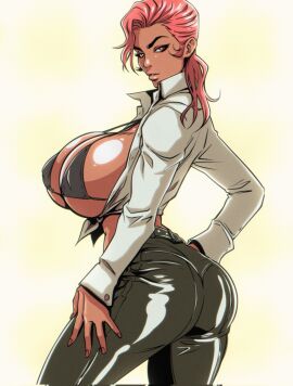 1girls 2023 ass balak bikini_top boobs_and_butt_pose breasts breasts_out_of_clothes clothed collared_shirt dark-skinned_female dark_skin female huge_breasts large_ass looking_at_viewer looking_back nipple_bulge open_clothes open_shirt pink_hair simple_background solo solo_female