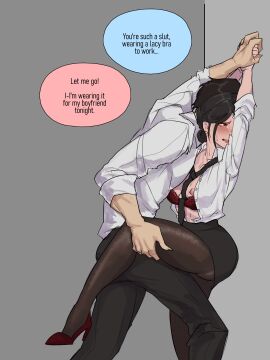 1boy 1girls against_wall breasts breasts_out crying female imminent_rape implied_rape male noffi office_lady original speech_bubble straight tagme