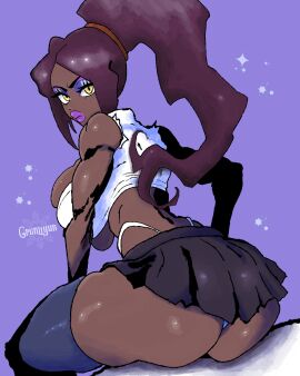 1girls ass bangs big_ass big_breasts bimbo bleach bleach:_the_thousand-year_blood_war breasts crop_top dark-skinned_female dark_skin female female_only golden_eyes gremiyun huge_ass huge_breasts huge_lips long_hair looking_back milf muscular purple_hair shihouin_yoruichi sitting skirt solo thong