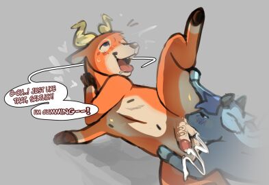 2024 animal_crossing anthro balls balls_suck beau_(animal_crossing) blue_body blue_fur blush blush_lines bodily_fluids bovid caprine cum deer dialogue ejaculation english_text eye_roll fellatio flat_chested fur furry gay genital_fluids genitals goat hi_res horn male male/male mammal nintendo oral orange_body orange_fur penile penis pilzeze sex sherb_(animal_crossing) simple_background speech_bubble sucking text vein veiny_penis