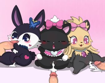 2024 5:4 accessory anthro balls black_body black_fur blue_eyes blush bodily_fluids bow_ribbon cum cum_from_pussy cum_in_pussy cum_inside diana_(jewelpet) disembodied_penis domestic_cat drugolld felid feline felis female female_anthro fur genital_fluids genitals gradient_background group hair_accessory hair_ribbon hairbow heart_(marking) hi_res humanoid_genitalia humanoid_penis jewelpet jewelpet_(species) jewelry lagomorph leporid licking luea_(jewelpet) male male/female mammal markings necklace oral penile penis penis_grab penis_lick pink_bow purple_eyes pussy rabbit ribbons saliva saliva_on_penis sanrio sega sega_fave sega_toys semi-anthro sex simple_background spread_legs spreading tan_body tan_fur tongue topaz_(jewelpet)