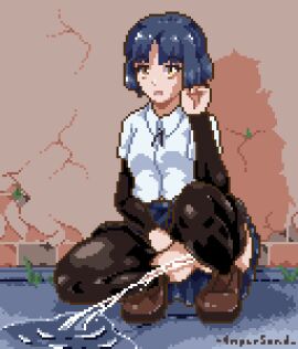 1girls 4mper5and animated blue_hair bocchi_the_rock! clothes_pull female looking_at_viewer peeing pixel_animation pixel_art pixelated pussy skirt squatting urine vagina yamada_ryou yellow_eyes