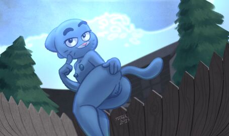 anthro ass blue_body blue_skin cartoon_network domestic_cat felid feline felis female flat_chested genitals looking_at_viewer looking_back mammal nicole_watterson nipples presenting presenting_pussy pussy smile solo tail the_amazing_world_of_gumball tvma