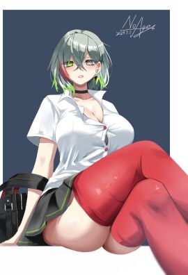 absurdres astellar_diabellstar_(sinful_spoils) breasts cleavage colored_tips diabellstar_the_black_witch duel_monster female gothic green_eyes green_hair grey_eyes grey_hair heterochromia highres large_breasts looking_at_viewer medium_hair multicolored_hair noagen open_mouth pale_skin pleated_skirt school_uniform shirt simple_background sinful_spoils_(yu-gi-oh!) skirt solo thick_thighs thighhighs thighs white_shirt yu-gi-oh!