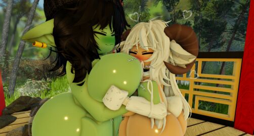 3d asu_(needyasuu) black_hair breast_sucking breasts female goblin_female green_body horns lactating lactation lamb milk needyasuu outside pierced_ears roblox robloxian size_difference sucking_nipple sucking_nipples white_fur white_hair yuri
