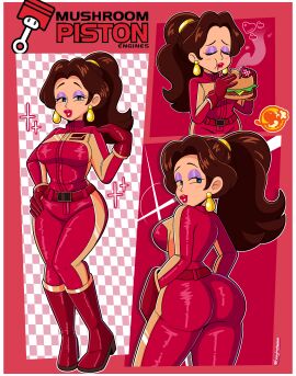 1girls ass beef big_ass blue_eyes bodysuit breasts brown_hair burger cheese cheeseburger clothed clothed_female clothes clothing dash_food eating fat_ass female female_only food footwear funnyhoohooman hamburger handwear lettuce lipstick looking_at_viewer mario_(series) mario_kart mario_kart_world meat nintendo official_alternate_costume pauline pauline_(aero) pauline_(mario) pink_bodysuit png ponytail purple_eyeshadow red_lipstick skin_tight smile smiling smiling_at_viewer spandex tagme thighs tomato