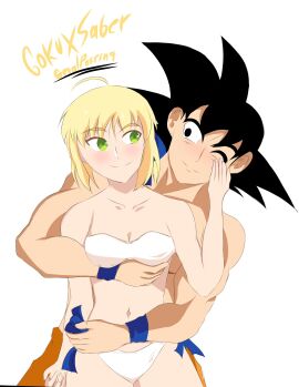 1boy 1girls artoria_pendragon black_hair blonde_hair crack_pairing crossover dragon_ball fate/stay_night fate_(series) female male saber son_goku