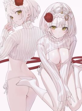 1girls 2d 2d_(artwork) alternate_breast_size alternate_costume back back_view big_breasts bikini bikini_bottom bikini_top bra breasts cleavage female female_focus female_only front_view genshin_impact green_eyes high_resolution highres indol light-skinned_female light_skin looking_at_viewer looking_back looking_back_at_viewer noelle_(genshin_impact) rose rose_(flower) rose_in_hair short_hair simple_background sitting slim_female socks solo solo_female solo_focus standing sweater swimsuit thong two_piece_swimsuit white_background white_bikini white_bikini_bottom white_bikini_top white_bra white_hair white_socks white_sweater white_swimsuit white_thong young younger_female