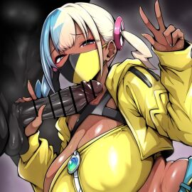 blue_nails breasts canari_(pokemon) canary_(pokemon) dark-skinned_female dark-skinned_male gggg handjob huge_breasts nail_polish pokemon pokemon_legends:_z-a yellow_nails