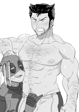 1hao_(@cerbero64) 2boys abs arm_hair bara beard blood_on_clothes bodysuit chest_hair claw_(weapon) clenched_teeth clothes_grab collarbone deadpool deadpool_&_wolverine_(2024) facial_hair gay gloves hairy head_on_another's_stomach impaled large_pectorals logan_(x-men) looking_at_another male male_focus male_only marvel marvel_cinematic_universe marvel_comics mask mask_lift mature_male monochrome multiple_boys multiple_males muscular muscular_male nipples open_mouth pectorals short_hair smile stab superhero_costume sweat teeth thighs topless_male veins veiny_arms wade_wilson weapon wolverine_(x-men) x-men yaoi