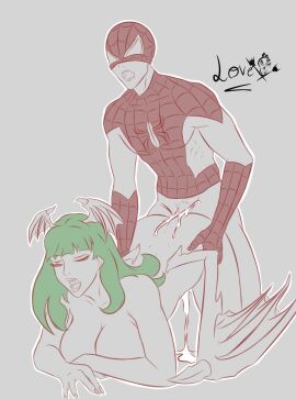 1boy 1girls crossover cum cum_inside darkstalkers demon doggy_style eastern_and_western_character female green_hair head_wings male marvel marvel_comics marvel_vs._capcom mask monochrome morrigan_aensland mouth_open peter_parker spider-man spider-man_(series) succubus wings