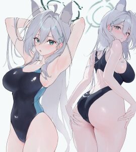absurdres abydos_high_school_student animal_ear_fluff animal_ears armpits arms_behind_head arms_up ass back bare_arms bare_shoulders black_one-piece_swimsuit blue_archive blue_eyes blush breasts closed_mouth competition_swimsuit covered_navel cowboy_shot cross cross_hair_ornament female foreclosure_task_force_(blue_archive) from_behind grabbing_own_ass grey_hair hair_ornament halo hand_in_own_hair hand_on_own_ass highleg highleg_one-piece_swimsuit highres i_ly inverted_cross large_breasts long_hair looking_at_viewer mismatched_pupils multi_ear multicolored_swimsuit multiple_views official_alternate_costume one-piece_swimsuit open_mouth self_cosplay shiroko_(blue_archive) shiroko_(swimsuit)_(blue_archive) shiroko_(terror)_(blue_archive) simple_background standing swimsuit two-tone_swimsuit very_long_hair white_background wolf_ears