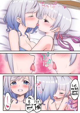 blue_eyes blush breasts bs1 clenched_teeth closed_eyes female incest kissing large_breasts lin_(artist) lingerie lying open_mouth red_eyes saliva saliva_trail sisters tongue twins white_hair yuri