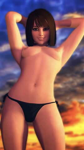 3d armpits arms_up bikini breasts female heather_(shinytiddies) instagram looking_at_viewer shinytiddies small_breasts smiling solo_female summer sunset topless