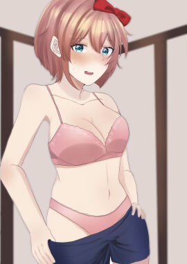 1girls 5_fingers bare_shoulders blue_eyes bow bra breasts cleavage collarbone doki_doki_literature_club female female_focus hair_bow hairbow matching_underwear navel panties pink_bra pink_panties red_bow red_hair_bow red_hairbow sayori_(doki_doki_literature_club) shorts strawberry_blonde_hair むぎ_(pixiv_user_id_25165437)
