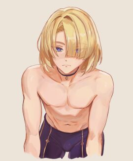 1boy 2d 2d_(artwork) arupi_art blonde-haired_male blonde_hair blonde_male blue_eyes bulge choker eye_visible_through_hair eyebrows_visible_through_hair freminet_(genshin_impact) genshin_impact lean_muscle light-skinned_male light_skin looking_at_viewer male male_only muscles muscular nipples simple_background solo solo_male topless_male video_game_character video_game_franchise