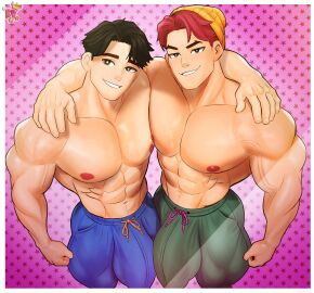 2boys abby_(kpop_demon_hunters) abs bara big_bulge bulge gay jinu_(kpop_demon_hunters) kingdom_velvet kpop_demon_hunters male male_focus male_only muscular muscular_arms muscular_chest muscular_male nipples pecs saja_boys topless yaoi