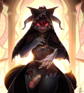 2023 5_fingers accessory ailurid anthro armwear balls barely_visible_balls barely_visible_genitalia chains cheek_tuft clothed clothing cock_ring crossdressing cultist digital_drawing_(artwork) digital_media_(artwork) drawpanther elbow_gloves erection facial_markings facial_tuft fangs femboy fingerless_elbow_gloves fingerless_gloves fingers frilly frilly_clothing frilly_legwear frilly_thigh_highs fur genitals girly gloves glowing glowing_eyes gold_(metal) gold_chain gold_jewelry hair hand_on_chest handwear head_markings hi_res horn humanoid_genitalia humanoid_hands humanoid_penis jewelry legwear light_from_behind looking_at_viewer male mammal markings nipple_chain nipple_piercing nipples nun nun_habit nun_outfit occult open_skirt penis penis_accessory penis_jewelry piercing reaching_towards_viewer red_and_white_fur red_eyes red_hair red_panda religious_clothing sinister_smile slim smile solo stained_glass tae_(pkuai) tail_fluff tear_(marking) teeth thigh_highs tuft