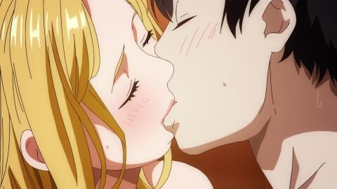 1boy 1girls 2020s 2022 20s 2d adorable adorable_face animated blonde_eyebrows blonde_hair blush college college_student female green_eyes ima_made_ichiban_yokatta_sex image in_love kissing lip lips long_hair male nerd nerdy nerdy_male school shion_(animation_studio) sweat sweaty university vanilla virgin_female virgin_male