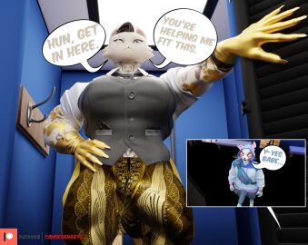 3d_(artwork) 5_fingers anthro asian_mythology biped black_hair bulge camseven cheek_tuft closed_smile clothing cybernetic_hand cybernetics detailed_bulge dialogue digital_media_(artwork) domestic_cat duo east_asian_mythology empty_eyes english_text epic_games eye_scar facial_scar facial_tuft felid feline felis fingers forbidden_pants fortnite fur fur_tuft furgonomic_hoodie furgonomics genital_outline gold_body hair hand_on_hip hi_res japanese_mythology machine male mammal meowdas mouth_closed multicolored_body multicolored_fur mythology nekomata notched_ear nyanja_(fortnite) open_mouth patreon patreon_logo penis penis_outline pink_inner_ear red_body red_fur scar smile solo_focus speech_bubble talking_to_another talking_to_partner text topwear tuft vest whiskers white_body white_fur yellow_eyes yokai