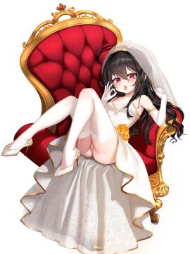 absurdres armchair black_hair blush breasts bridal_gauntlets chair commission dress earrings eyebrows_hidden_by_hair fellatio_gesture female flower full_body garter_belt hair_between_eyes high_heels highres jewelry kiari_art knees_up large_variant_set long_hair looking_at_viewer open_mouth original panties pantyshot pussy red_eyes ring shoes simple_background sitting small_breasts stiletto_heels thighhighs tongue tongue_out underwear variant_set veil wedding_dress white_shoes white_thighhighs white_veil