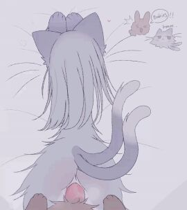 2_tails animal_genitalia animal_penis animated anthro asian_mythology bodily_fluids breeding brown_body brown_fur chibi doggy_style domestic_cat duo east_asian_mythology english_text felid feline felis female feral first_person_view from_behind_position fur genital_fluids genitals grey_body grey_fur grey_hair hair japanese_mythology lagomorph leporid male male/female mammal multi_tail mythology nekomata paws penetration penis pussy rabbit sex tail tatososu text two-tone_tail vaginal_fluids vaginal_penetration whiskers yokai