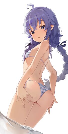 1girls ahoge ass ass_focus back back_view bare_arms bare_back bare_legs bare_shoulders bikini blue_eyes blue_hair blush breasts female female_only grabbing_own_ass hiroki_yyqw7151 long_hair mushoku_tensei parted_lips partially_submerged roxy_migurdia side-tie_bikini_bottom small_breasts solo spread_ass string_bikini striped_bikini thighs twin_braids water