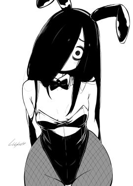 black_and_white black_hair blushing blushing_at_viewer bowtie breasts bunny_ears bunnysuit female fishnets fully_clothed lughost one_eye_obstructed small_breasts wide_eyed yamamura_sadako