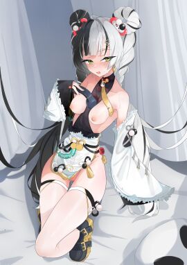 absurdres ahoge bare_shoulders between_breasts black_hair black_shoes blush braid braided_twintails breasts china_dress chinese_clothes collarbone commentary corded_phone detached_sleeves dialyn_(zenless_zone_zero) dress earrings english_commentary female full_body green_eyes hair_extensions hair_intakes hair_ornament hairclip half-closed_eyes highres holding holding_phone jewelry long_hair looking_at_viewer multicolored_hair multicolored_nails necktie nipples open_mouth panda_hair_ornament phone pussy pussy_juice red_nails ring_hair_extensions shoes small_breasts solo sparkling_eyes split-color_hair sweat textless_version thighhighs user_zdvd2737 white_hair white_thighhighs wire yellow_necktie zenless_zone_zero