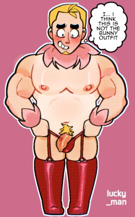 1boy blush blushing brawl_stars embarrassed foreskin game gay grom_(brawl_stars) human long_foreskin lucky_man male navel nipples pecs penis small_penis teeth thighs thong uncircumcised uncut yaoi