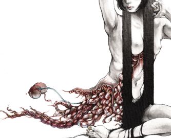 black_hair breasts commentary_request completely_nude entrails exposed_bone female gore guro head_out_of_frame highres long_hair meimaro nipples nude organs original ovaries painting_(medium) sitting small_breasts solo traditional_media very_long_hair