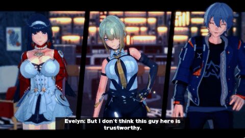 1boy 2girls 3d animated ass astra_yao big_ass big_breasts breasts cleavage dialogue evelyn_chevalier female leather_clothing male pub ryoukai thighs wise_(zenless_zone_zero) zenless_zone_zero