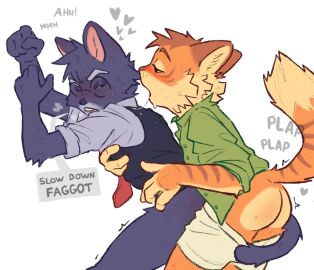 2024 anal anal_sex anthro anus ass blush bodily_fluids bottomwear calvin_mcmurray clothed clothing colored dialogue digital_drawing_(artwork) digital_media_(artwork) domestic_cat dripping duo english_text eyewear felid feline felis fingers freckle_mcmurray from_behind_position fur gay gay_male genitals glasses hair heart_symbol helregin hi_res homophobic_slur lackadaisy male male/male male_penetrated male_penetrating male_penetrating_male mammal mordecai_heller necktie no_visible_genitalia open_mouth partially_clothed penetration saliva saliva_string sex shaded shirt shorts simple_background slur speech_bubble tail teeth text tongue topwear white_background yaoi