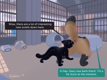 anus ass black_body black_fur canid canine dialogue domestic_cat english english_text felid felidae feline felis feral fur green_eyes hi_res little_kitty_big_city mammal musk quadruped raccoon_dog raised_tail sniffing spread_legs spreading stuck tail tanuki tanuki_(lkbc) text