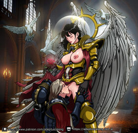 2girls adepta_sororitas adeptus_celeng angel angel_girl angel_wings armor birds blush breasts church church_interior clothed_sex cunnilingus female female_only female_protagonist flower halo imperium_of_man inquisitor_trainer jewelry kneeling lesbian_sex living_saint multiple_females multiple_girls nun oral power_armor rose saint_celestine saliva sex sister_of_battle video_game warhammer_(franchise) warhammer_40k yuri