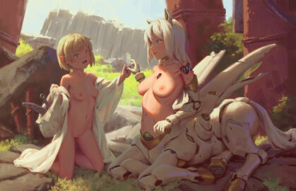 2girls animal_ears bigrbear blonde_hair blue_eyes breasts centaur centauroid cleft_of_venus collarbone female grass green_eyes highres horse_ears horse_tail kneeling mechanical_arms medium_breasts multiple_females multiple_girls navel nipples nude original outdoors pussy short_hair small_breasts sweat tail taur uncensored white_hair