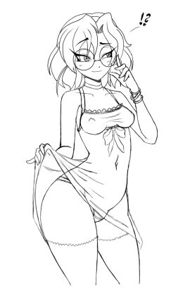 1girls agent_aika aika_(series) breasts female glasses human katanis lifted_by_self lifting_skirt monochrome panties presenting rion_aida short_hair sketch solo thick_thighs thighhighs wide_hips