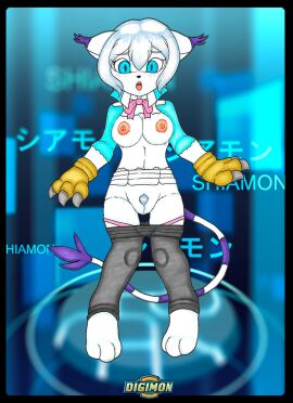 3_fingers 3_toes after_transformation anthro bandai_namco barefoot big_breasts black_border black_nose blue_eyes blush border bottomless bottomwear bottomwear_down bow_ribbon breasts claws clothed clothing detailed_background digimon digimon_(species) digimorph digitigrade domestic_cat english_text erect_nipples eyelashes feet felid feline felis female finger_claws fingers front_view fur gatomon genitals grey_claws gundam gundam_build_fighters hair ivanks japanese_text knock-kneed logo long_tail looking_down_at_self mammal mostly_nude nipples open_mouth panties panties_down pants pants_down partially_clothed paws pink_clothing pink_panties pink_underwear post-transformation pubes pupils purple_body purple_fur pussy shia_kijima shirt short_hair skirt slit_pupils solo species_transformation standing tail teeth text toes tongue topless topwear torn_clothing transformation transformation_through_technology underwear underwear_down white_body white_bottomwear white_clothing white_fur white_hair white_skirt