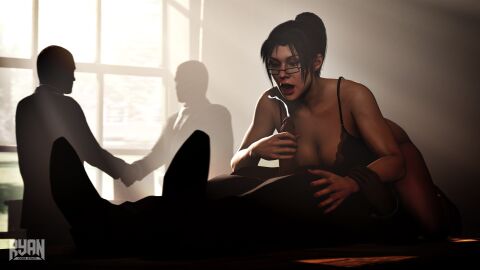 1boy1girl 3d 69 69_position bangs dark-skinned_male dark_skin ejaculating_cum ejaculation female glasses handjob indoors indoors_sex interracial interracial_sex light-skinned_female lingerie lipstick looking_at_penis male mascara mole mole_above_mouth open_mouth painted_nails penis ponytail ryandoesstuff suit