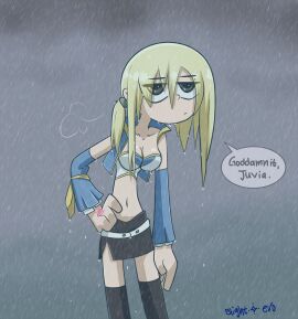 1girls annoyed blightstar blonde_hair cleavage clothed cloud detatched_sleeves dripping dripping_wet english english_text fairy_tail female fully_clothed grumpy half-closed_eyes hand_on_hip implied_character juvia_lockser kneesocks light-skinned_female light_skin lucy_heartfilia mentioned_character midriff miniskirt pale-skinned_female pale_skin rain raining shiny_skin sigh skirt_slit solo speech_bubble standing tattoo tattoo_on_hand text tied_hair wet wet_clothes wet_hair wet_skin