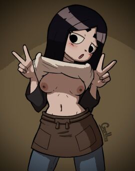 1girls accurate_art_style black_eyes black_hair blush breasts double_v female flashing_breasts gorllus light-skinned_female light_skin looking_at_viewer partially_clothed peace_sign presenting presenting_breasts scott_pilgrim scott_pilgrim_takes_off shirt_lift short_hair sister solo solo_female stacey_pilgrim young