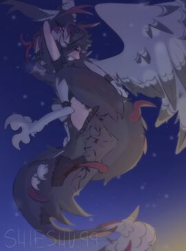 absurd_res alternative_fashion ankle_boots anthro avian belt big_female big_wings bird boots bottomwear bottomwear_down clothed clothing collar collar_only duo equid equine fan_character feathered_wings feathers female flying footwear hi_res horn horse hug human human_on_anthro humanoid hybrid interspecies long_tail male male/female mammal metalhead multicolored_body nude owl pants pants_down partially_clothed penetration pony pubes punk sex shieshuqqq size_difference sky smaller_male smile smirk spiked_collar spikes tail unusual_position wings