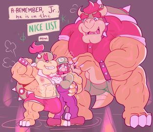 3boys absurd_res anthro bara biceps big_bulge big_dom_small_sub big_muscles bigger_anthro bigger_dom bigger_male blue_clothing blue_overalls bodily_fluids bottomwear bowser bowser_jr. boxer_briefs bracelet brown_hair bulge claws clothed clothing cocky cocky_smile collar dialogue dialogue_box dominant dominant_male english_text excessive_sweat fangs father father_(lore) father_and_child father_and_child_(lore) father_and_son father_and_son_(lore) flexing flexing_bicep gay genital_fluids gloves green_body green_bottomwear green_clothing green_hat green_headwear green_shorts green_skin group hair handwear hat headgear headwear hi_res horn hug huge_muscles hugging_another human jewelry koopa larger_anthro larger_male light_body light_skin looking_at_another luigi male male/male mammal mario_(series) muscles muscular muscular_anthro muscular_arms muscular_chest muscular_legs muscular_male musk musk_clouds nintendo nipples overalls parent parent_(lore) parent_and_child parent_and_child_(lore) parent_and_son parent_and_son_(lore) partially_clothed pecs precum red_clothing red_hair red_shirt red_topwear red_underwear reptile scalie shell shirt short_stack shorts size_difference smaller_human smaller_male smile smiling_at_another son son_(lore) spiked_bracelet spiked_collar spiked_shell spikes spikes_(anatomy) submissive submissive_male sweat sweat_pool sweatdrop tail talking_to_another teeth text topwear trio underwear vaniwall white_clothing white_gloves white_handwear yaoi yellow_body yellow_skin young