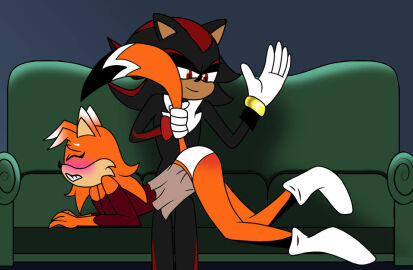 1boy 1girls anthro anthro_on_anthro bent_over black_fur blush fan_character fanart female female_fox fox_girl hedgehog male oc_x_canon orange_fur original_character otk_spanking over_the_knee over_the_knee_spanking panties red_eyes shadow_the_hedgehog skirt skirt_up skye_the_vixen sonic_(series) sonic_the_hedgehog_(series) spanked spanked_butt spanking spanking_ass tail_grab white_gloves white_panties white_socks
