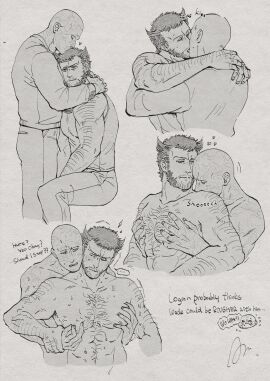 ... 2boys abs arms_around_neck azuko_(@zuco) bald beard blush chest_hair closed_eyes closed_mouth couple deadpool deadpool_&_wolverine deadpool_&_wolverine_(2024) deadpool_(series) english_text facial_hair flying_sweatdrops full-face_blush hairy hand_hair implied_nudity james_howlett kissing kissing_head kissing_shoulder large_pectorals logan_(x-men) long_sleeves looking_at_another male male_focus male_only marvel marvel_cinematic_universe marvel_comics mature_male monochrome multiple_boys multiple_males muscular nipple_stimulation nipple_tweak nude pants pectoral_grab pectorals scar scars_all_over short_hair sitting spoken_ellipsis tank_top wade_wilson wolverine_(x-men) x-men yaoi