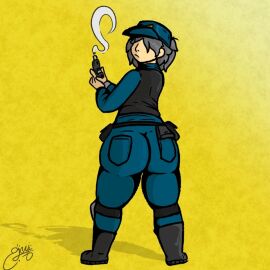 1girls 2d 2d_(artwork) 2d_artwork artist_request ass ass_bigger_than_head ass_focus background boots bubble_butt butt_focus cap clothed clothed_female clothes clothing curvaceous curvaceous_female curvaceous_figure curves curvy curvy_body curvy_female curvy_figure dead_ahead digital_drawing digital_drawing_(artwork) digital_media digital_media_(artwork) female female_focus female_only light-skinned_female light_skin long_hair looking_at_viewer looking_back pants pepper_(dead_ahead) police police_hat police_officer police_uniform policewoman serious serious_face serious_look solo solo_female solo_focus standing tactical_gear weapon young young_female younger_female