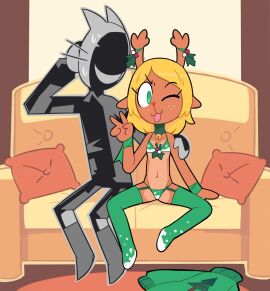 1boy 1girls bikini casting_couch deltarune female gaster_follower_1_(undertale) male miscon noelle_holiday scared_donut_guy thighhighs undertale_(series)