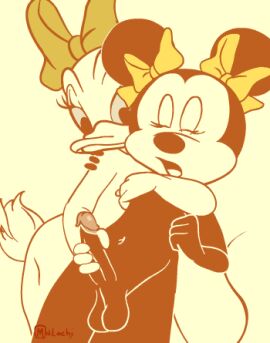 animated animated_gif anthro balls daisy_duck dickgirl disney duck female furry futanari gif handjob intersex malachi minnie_mouse mouse penis reach_around